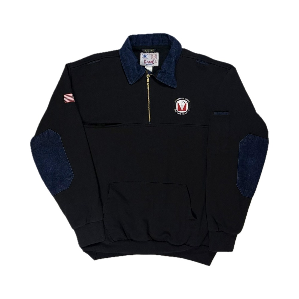 Vtg Game Workwear black denim trim pocket electricians 1/4 zip sweatshirt men XL